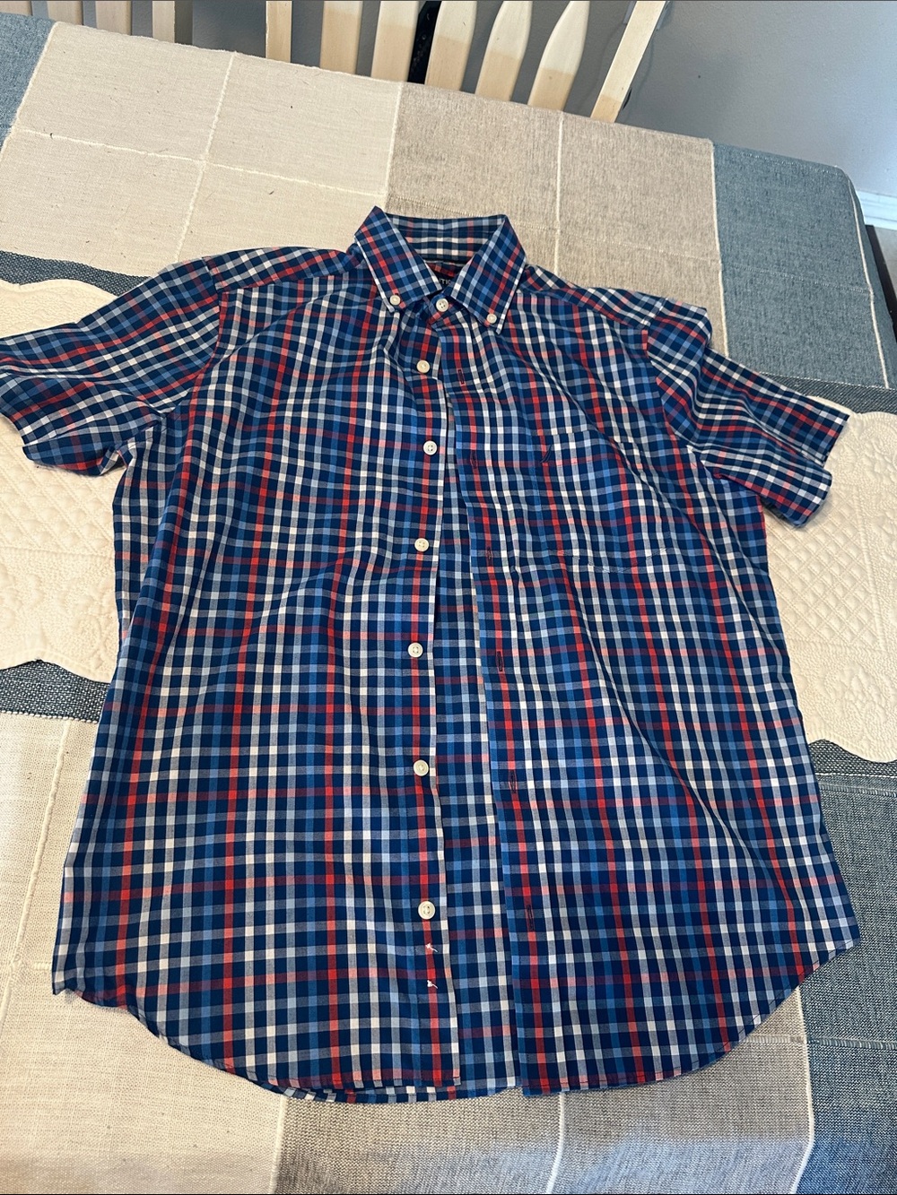Nautica Men’s Short-Sleeve Plaid Button-Down Shirt - Navy/Red/White